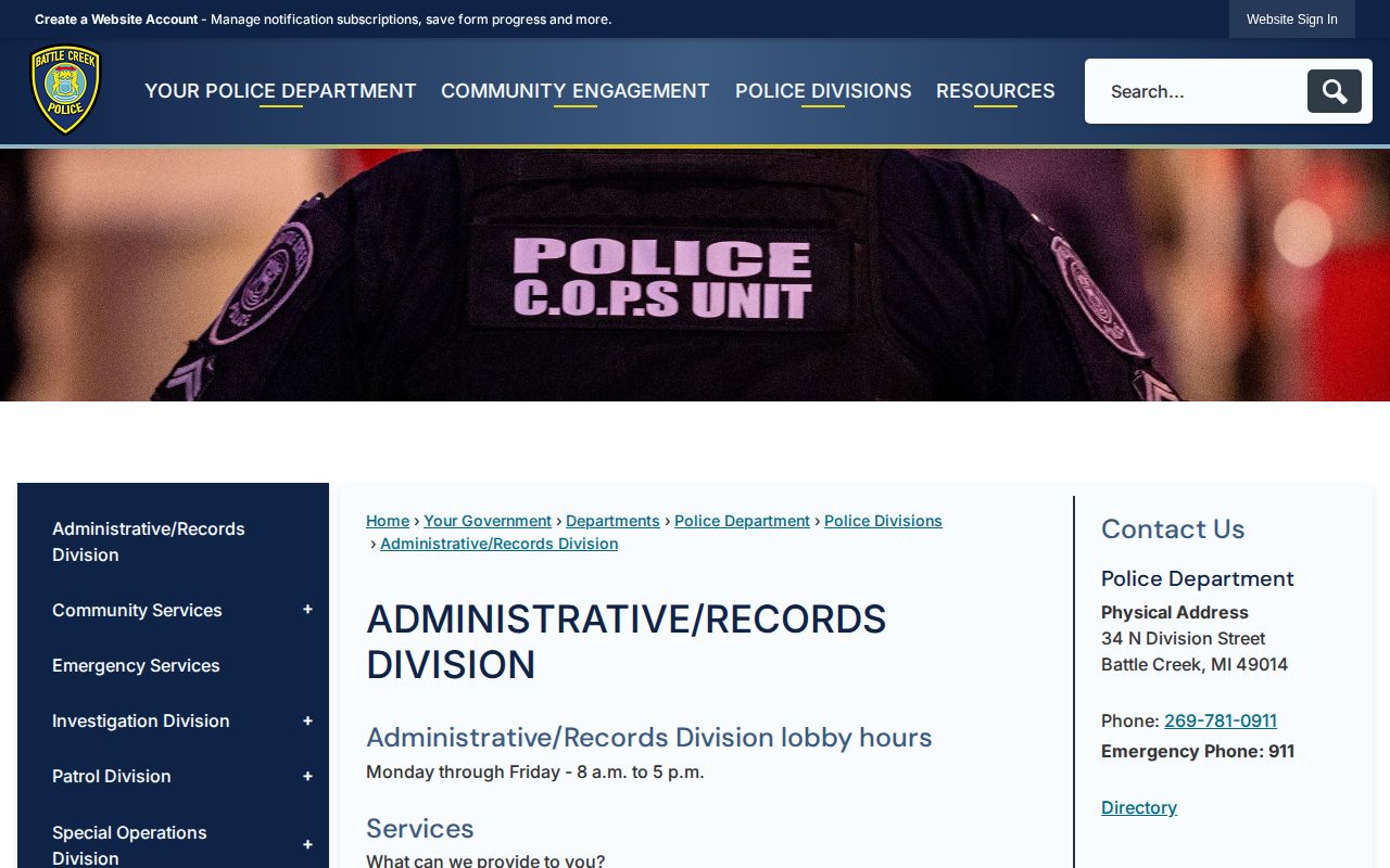 Battle Creek Police arrest records division page in Calhoun County