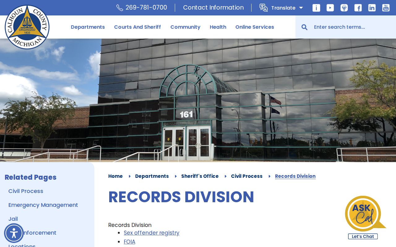 Calhoun County Sheriff booking records request page