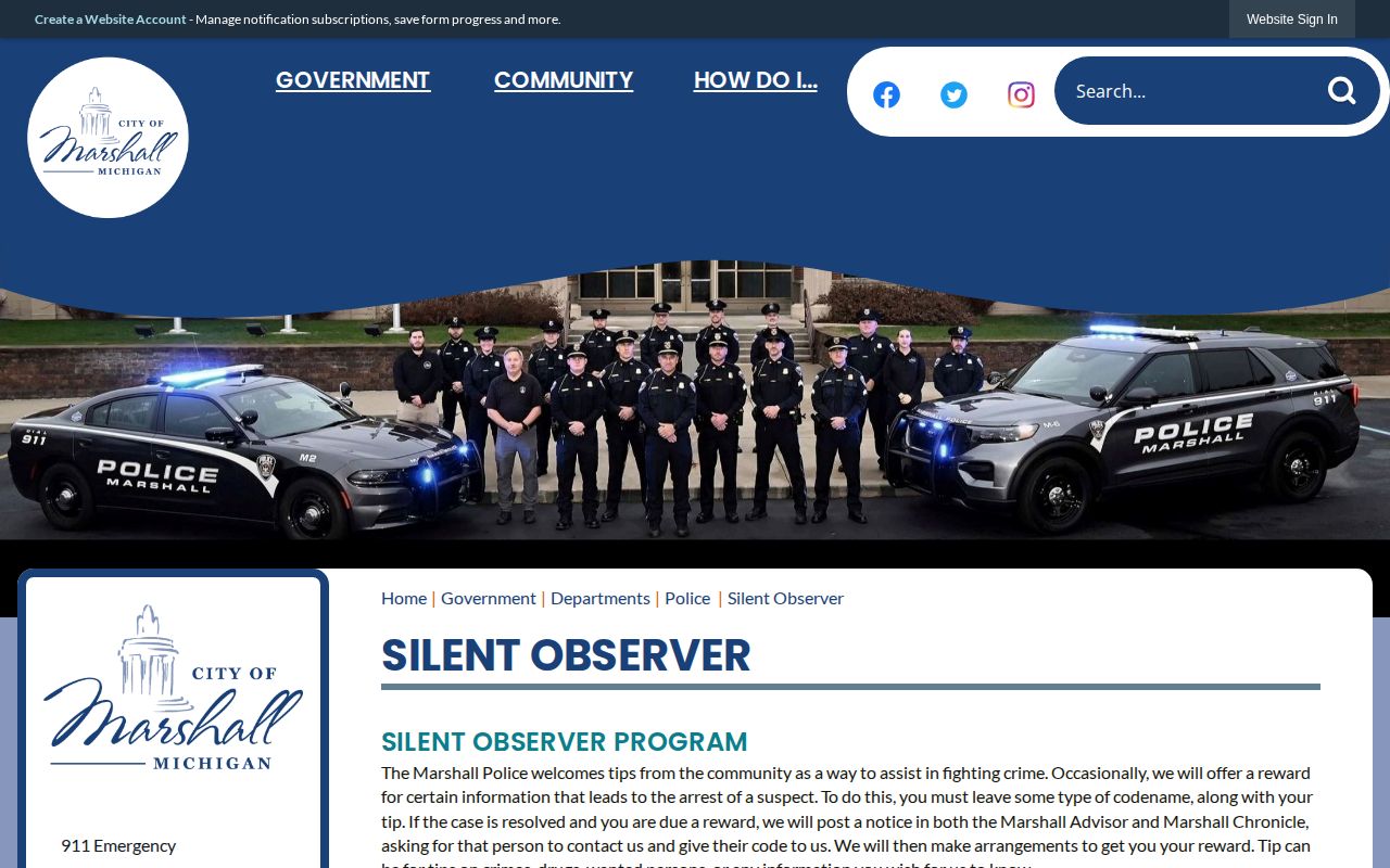 Marshall Silent Observer tip route for Calhoun County wanted information