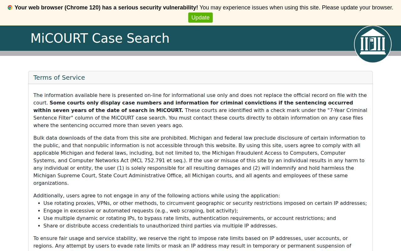 MiCOURT search for Calhoun County warrant-related court cases